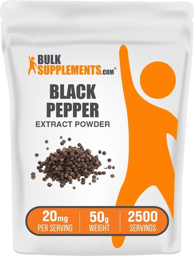[BRSRMBICAV5B6FIU] BulkSupplements.com Polvere di estratto di pepe nero - integratori di pepe nero, integratori di piperina - Vegan & Gluten Free, 20 mg per porzione, 50g (1,8 oz) (Pack of 1)