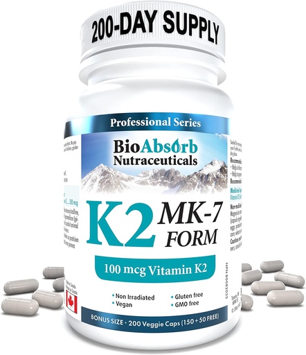 [BRSWGBAQAEORAGQZ] Bio Absorb Vitamin K2 MK-7 Form Supplement. 100 mcg. 200-Day Supply (200 Veggie Capsules).