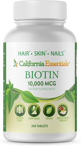 [BRSWGGIKDEFWY33U] California Essentials Biotin 10000mcg | Vitamin B7 fördert gesunde Haut, Haar- und Nagelwachstum | Hohe Potenz Ernährungsergänzung für Männer & Frauen | Non-GMO, Vegan, Gluten & Dairy Free (200 Tabletten)