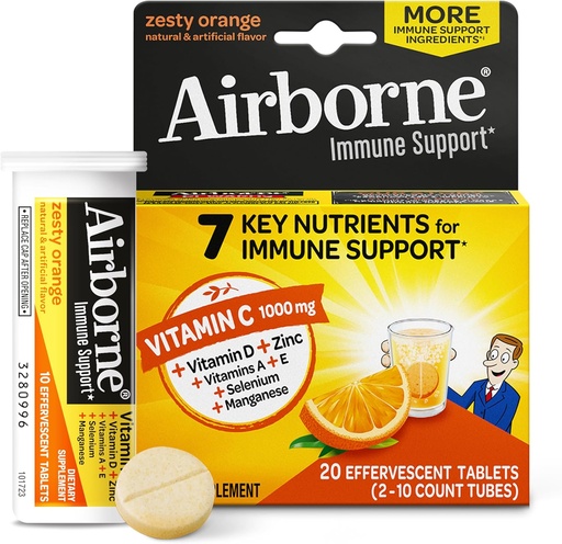 [BRSWKFAKOEGAIGTU] Airborne 1000mg Vitamin C With Zinc Effervescent Tablets, Immune Support Supplement With Powerful Antioxidants Vitamins A C & E - 20 Fizzy Drink Tablets, Zesty Orange Flavor