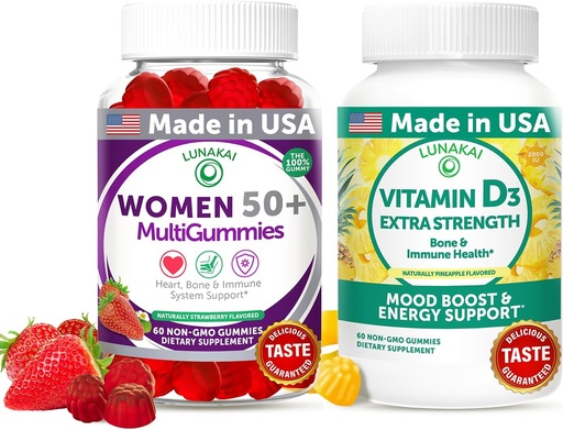 [BRSRABLQBB6BAGQZ] Lunakai USA Made Women's 50+ Multivitamin & Vitamin D3 Gummies Bundle, Supports Bone, Heart, Immune & Energy Health, Non-GMO, Gluten-Free, Delicious Strawberry & Pineapple Flavors, 60ct Each