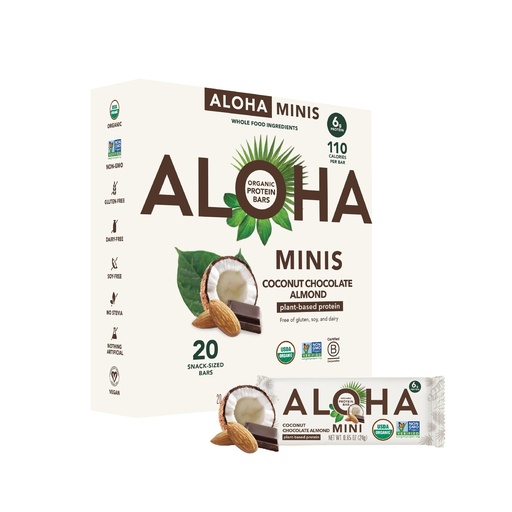 [BRSW2BT4CQHRYYA4] ALOHA Organic Plant Based Protein Bar MINIS |Coconut Chocolate Almond | 20 Count, 24g Bars | Vegan, Low Sugar, Gluten Free, Paleo, Low Carb, Non-GMO, Stevia Free, Soy Free, No Sugar Alcohols