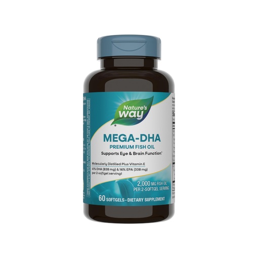 [BRSWIYQEDMHGKHQ7] Nature's Way Mega-DHA Premium Fish Oil, Supports Eye and Brain Function*, Omega-3, EPA DHA Omega 3 Supplement, 2,000 mg Fish Oil per 2-Softgel Serving, 60 Softgels (Packaging May Vary)