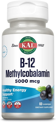 [BRSWIYYZBAJR23QZ] KAL Vitamin B-12 Methylcobalamin Lozenges 5000mcg, Healthy Energy, Metabolism, Nerve & Red Blood Cell Support,* Optimal Absorption, Natural Acai Flavor, Vegan, Sugar Free, 60 Servings, 60 Lozenges