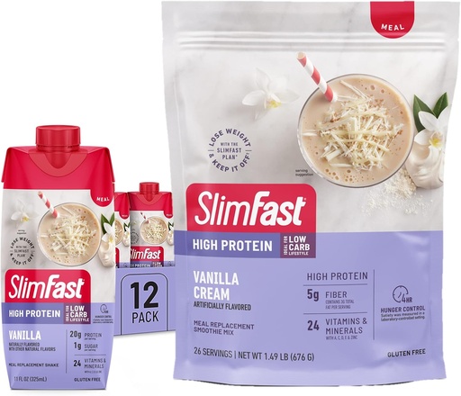 [BRSROZAFAUHRADQ7] SlimFast High Protein Vanilla Bundle - 12 香草高蛋白 Meal Content Shakes (20g Protein) 配属26种 香草高蛋白粉混合剂(20g Protein)