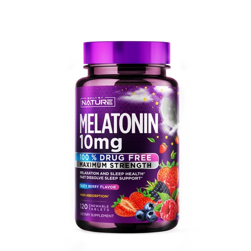 [BRSROAAOAV7GGCY3] Built by Nature Melatonin 10mg Chewables – Max Strength Melatonin - Fast Dissolve Chews for Adults – Drug-Free Sleep Aid Supplement - Vegan, Non-GMO, Gluten-Free – Berry Flavor - 120 Chewable Tablets