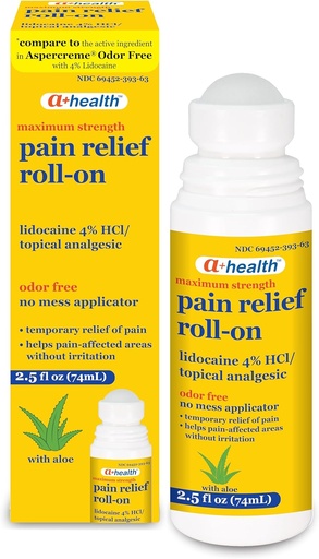 [BRSRMHD6OR4BS3Y2] A+Health Pain Relief Roll-On Liquid, Lidocaină 4%, Odor Free, Putere maximă Durere + Mâncărime Ajutor cu Aloe, Made in USA, 2,5 fl Ounces