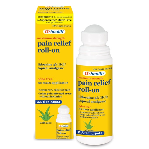 [BRSRMHD6OR4BS3Y2] A+Health Pain Relief Roll-On Liquid, Lidocaine 4%, Odor Free, Maximum Strength Pain + Itch Relief with Aloe, Made in USA, 2.5 fl Ounces