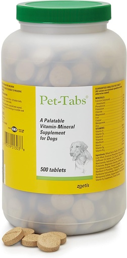 [BRSWIYDZO5YRG2AZ] Pet-Tabs Multivitamin and Mineral Supplement for Dogs, Chewable Tablet, 500 Count Bottle for Multidog Household
