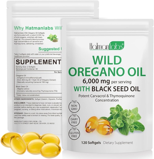 [BRSRAAT3CAIAM33H] Oil of Oregano Capsules - Ingredients Oil of Oregano Softgels - 2 in 1 6000mg Oil of Oregano with Black Seed Oil 200mg - High Carvacrol & Thymoquinone for Immune Support