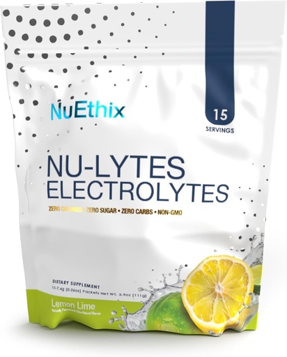 [BRSRAZY3B55GOF33] Nuethix formulák NU- LYTES elektrolitok hidratációs csomagok, zéró kalóriák, zéró cukor, zéró szénhidrát, nem-GMO, elektrolitok por csomagok, glikogén feltöltés, 15 szerváció (Lemon Lime)