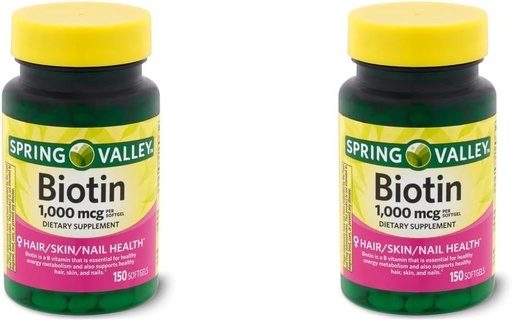 [BRSW2AYFAB5B4ADV] Spring Health Spring Valley Biotin 1000 Mcg 300 (2x150) Softgels for Healthy Skin, Hair and Nails + Your Vitamin Guide©