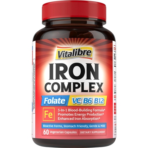 [BRSRAFIRCUCRGCLD] Iron Supplement for Women & Men, with Vitamins C, B6, B12 & Folate for Iron Deficiency, Blood Building & Energy Support, Stomach Friendly, Better Absorption, Non-GMO, No Gluten, 60 Vegan Caps