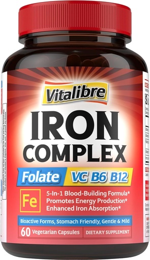 [BRSRAFIRCUCRGCLD] Iron Supplement for Women & Men, with Vitamins C, B6, B12 & Folate for Iron Deficiency, Blood Building & Energy Support, Stomach Friendly, Better Absorption, Non-GMO, No Gluten, 60 Vegan Caps