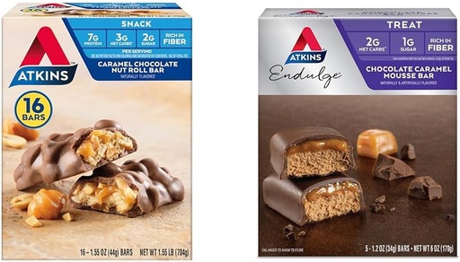 [BRSROBQFCUIAOCQY] Atkins Caramel Chocolate Nut Roll Snack Bar, Protein Snack, High in Fiber, 2g Sugar, 16 Count & Endulge Chocolate Caramel Mousse Bar, Dessert Favorite, 1g Sugar, High in Fiber, 5 Count