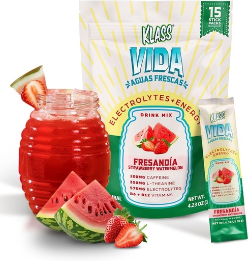 [BRSRAGIFBYCGAGTV] Hydration + Energy Electrolyte Drink Mix – Strawberry Watermelon Agua Fresca Flavor | Sugar-Free Powder with Caffeine, L-Theanine, Coconut Water & Minerals | 15 Single-Serve Stick Packs