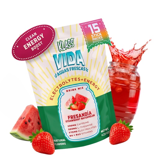 [BRSRAGIFBYCGAGTV] KLASS VIDA Energy + Hydration Strawberry Watermelon Agua Fresca Electrolyte Powder Packets | Sugar Free with Caffeine, L-Theanine & Coconut Water | 15 Stick Packs