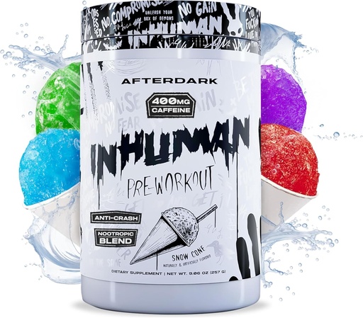 [BRSROBD4CR6R4EY6] AFTERDARK INHUMAN Pre-Workout Powder, Enhanced Mind-Muscle Connection, Sustained Energy, Potent Nootropic Blend, Veganistisch, Glutenvrij, Soy-Free, 400mg Cafeïne, Geen Crash, SnowCone
