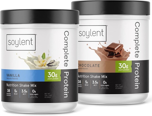 [BRSROCALBEPROGQ7] Bundle of Soylent Complete Protein Powder, 30g Protein Shake for Muscle Growth and Recovery, Zero Sugar, Gluten Free, Vegan - Vanilla & Chocolate (Two 1.25LBs Tubs)