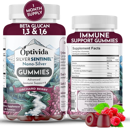 [BRSRAGQ5OEMBAAA6] Optivida Nano Silver Immune Support Gummies (60 Count) – Beta Glucan Supplements for Daily Immune Support, Orchard Berry Flavor for Immune Health, Colloidal Silver Supplement with Beta Glucan 100