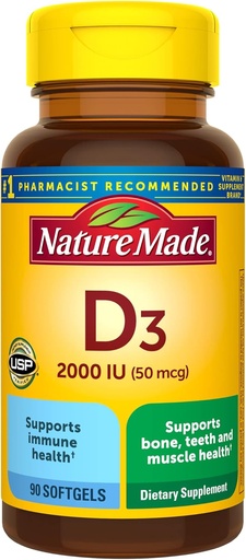 [BRSWIYAYBR4WIADC] Nature Made Vitamin D3 2000 IU (50 mcg), Vitamin D Supplement for Bone, Teeth, Muscle and Immune Health Support, 90 Softgels, 90 Day Supply