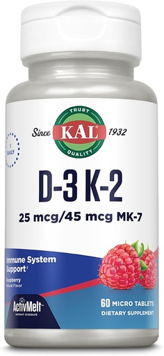 KAL Vitamin D3 K2 ActivMelt, Bone Health, Heart and Immune Support Supplement w/ D3 1000 IU and MK7 Vitamin K2, Instant Dissolve Tabs, Natural Raspberry Flavor, 60 Servings, 60 Micro Tablets