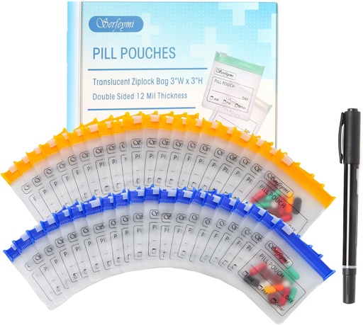[BRSROCYCCAIQAHTB] Serfeymi 72 Pcs Pill Pouch Bags for Travel Reusable Plastic Bags 3)x3) 12 mil (Double Sided) Translucent Zipper Pill Pouches for Medicine with Slide Lock " Writable Label, 1x Marker-Blue+ أصفر