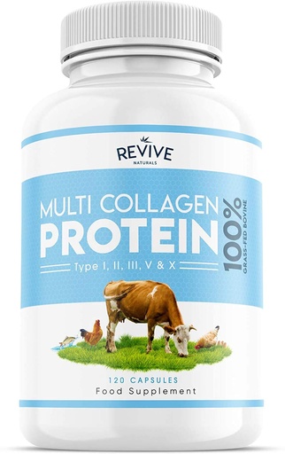 [BRSWYZQYBF6AKFI7] Revive Naturals Multi Collagen Protein Capsules - Types I, II, III, V & X - Hydrolysed Grass Fed Bovine, Wild Caught Marine & Free-Range Chicken, Made with Hyaluronic Acid & Vitamin C, 120 Caps