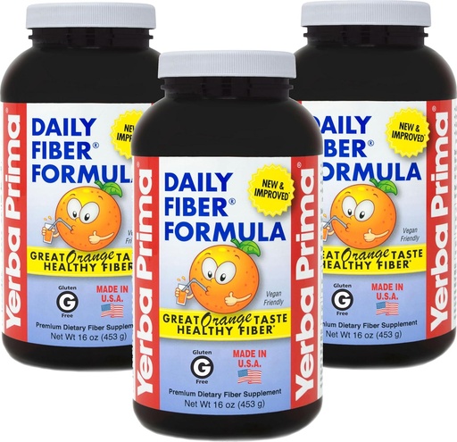 [BRSWIYYMOMJREDDG] Yerba Prima Daily Fiber Formula 16 oz Powder (Pack of 3) - Great Tasting Premium Dietary Fiber Supplement, Made in The USA, Non-GMO, Gluten Free, Natural Orange Flavor