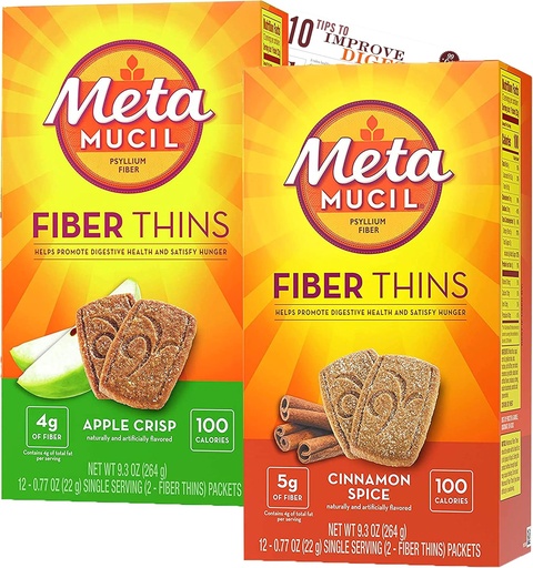 [BRSRMAQYOAORMCTF] Metamucil Fiber Thins Fiber Supplement with Bleam Digestive Health Support Tip Card Psyllium Fiber Bars - 12CT Apple Crisp & 12CT Cinnamon Spice - Set