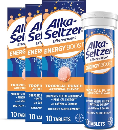 [BRSROFA6CUCRMFLG] Alka-Seltzer Energy Boost: кофеїн & Гуарана, вітаміни B, Підтримує ментальну міцність і фізична енергія, Щоденне енергоспоживання, таблетки Fizzy, Sugar-Free, Легкий Тропічний пучок Flavor, 30ct