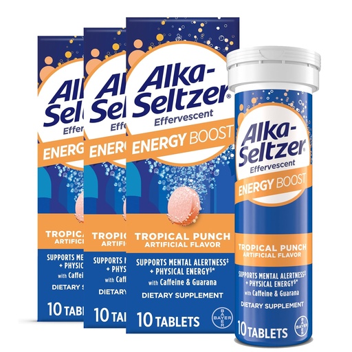 [BRSROFA6CUCRMFLG] Alka-Seltzer Energy Boost: Caffeine & Guarana, B Vitamins, Supports Mental Alertness and Physical Energy, Daily Energy Supplement, Fizzy Tablets, Sugar-Free, Light Tropical Punch Flavor, 30ct
