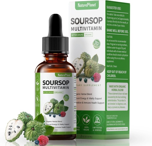 [BRSRAZINBADRQGQU] Graviola Soursop Bitters gouttes liquides avec vitamine C, D3, B6, 5000mg Soursop Extrait de fruits et de feuilles + 10 Bitters Botaniques pour Imune Soutien Digestion santé Boost antioxydants