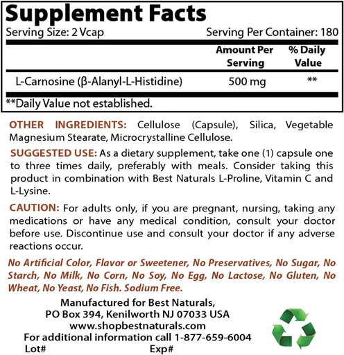 [BRSRMBQTCEMGGC3P] Best Naturals L-Carnosine 500 mg & Acetyl L-Carnitine 500 Mg