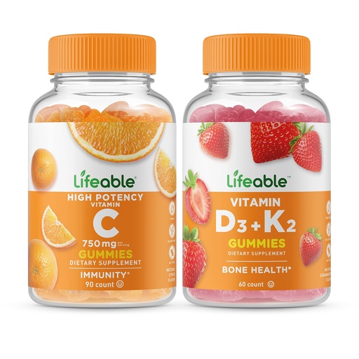 [BRSROZA3OUHB6YDP] Lifeable Vitamin C 750mg + Vitamin D3 + Vitamin K2, Gummies Bundle - Great Tasting, Vitamin Supplement, Gluten Free, GMO Free, Chewable Gummy