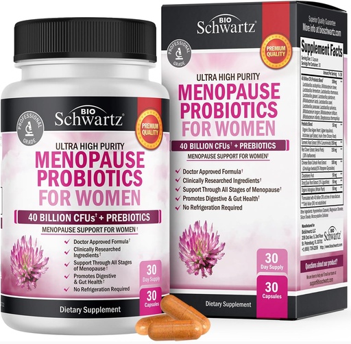 [BRSRMYAPAUOQOCT6] Suplementos de la menopausia para mujeres - 40 millones de probióticos de la menopausia CFU para mujeres - Apoyo para las sudaderas de la noche de Flashes calientes Mood Swings and Balance - Non-GMO, 30 cápsulas fáciles de cambiar, 30 servicios