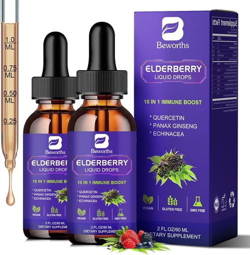 [BRSRAGQTB4GQGDY7] 2 Pack Elderberry Syrup, Black Elderberry Drops with Quercetin, Panax Ginseng, Vitamin C and Zinc, Sambucus Elderberry Syrup Liquid for Immune Support, Vegan, Non-GMO & Gluten Free
