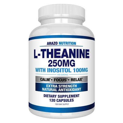 [BRSWGZ32AF7RAYDP] Arazo Nutrition L-Theanine 250mg (Extra Strength) with Inositol 100mg Per Serving, 120 Capsules Vegetarian