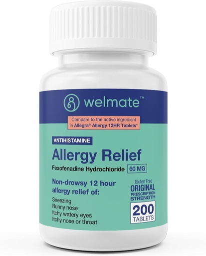 [BRSRO2QZCNYBSHTH] WELMATE - Allergia Relief - Fexofenadine HCl 60 mg - 12 óra Non- Drowsy Antihisztamin - Tüsszentés - Runny Orr - Itchy Eyes, Orr & Throat - Allergia Relief Tabletta - 200