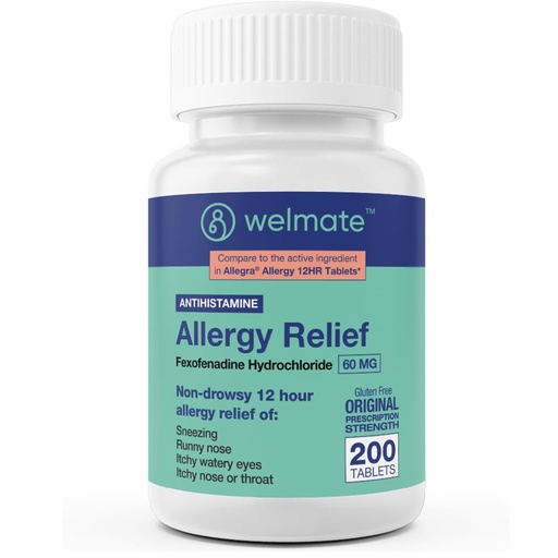 [BRSRO2QZCNYBSHTH] WELMATE Fexofenadine 60mg (200 Tablets) Non Drowsy Allergy Relief - 12 Hour Antihistamine for Sneezing, Runny Nose, Itchy Eyes - 100 Day Supply - Gluten Free