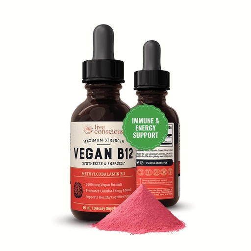 [BRSWGHAFBMIA4HLX] Live Conscious Vegan Vitamin B12 Sublingual Liquid Drops | Methylcobalamin Max Strength B12 5000mcg Formula | Vegan B 12 Vitamin Support Energy | Promote Memory & Aid Immune System | 60 Serving