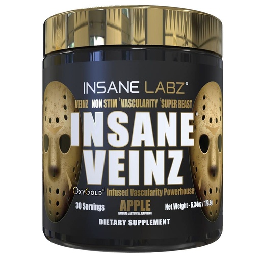 [BRSWYYYYCANWYCLL] Insane Labz Insane Veinz Gold, Nitric Oxide Non Stimulant pre Workout Powder, Loaded with Hydromax, Nitrosigine, Increases Vascularity and Blood Flow, 30 Srvgs, Apple