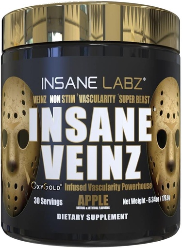 [BRSWYYYYCANWYCLL] Insane Labz Insane Veinzの金、Nitric Oxideの非興奮剤のプレワークアウトの粉、Hydromax、Nitrosigineと荷を積まれた、血管および血の流れ、30のSrvgs、Appleを高めて下さい