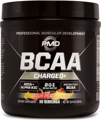 [BRSWKHYYBADQ2HD2] PMD Sports BCAA Charged Delicious Amino Acid Drink Mix for Performance and Recovery - Increase Muscle Function for Workout and Daily Energy - Sour Peach Ring (30 Servings)