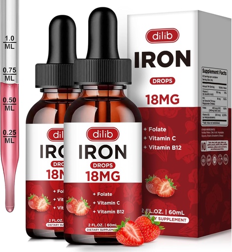 [BRSRO2QZOV4BGD33] (2 ambalaj) Supliment de fier lichid pentru femei si barbati picaturi de fier Suplimente de fier pentru anemie cu Folat, vitamina C, B12 pentru Red Blood Cell suport-Strawberry, 4 Fl Oz