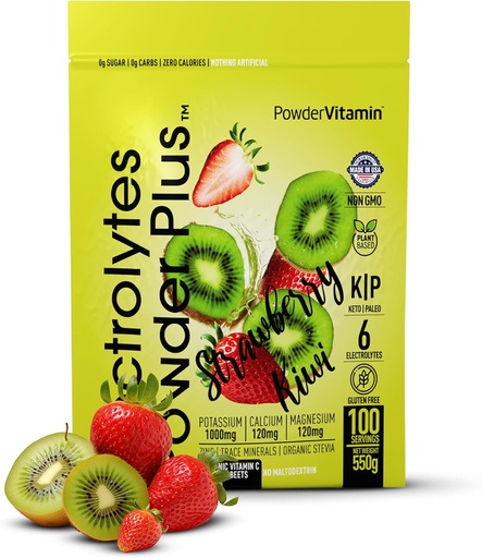 [BRSRAZQBOIIWACQZ] PowderVitamin Electrolytes Powder Plus (100 Servere) Strawberry Kiwi Electrolyte Powder Zero Calorie Keto, 0 Sugar, No Maltodextrin, 1000mg Kalium, 120mg Calcium, 120mg Magnesium, Hydrationspulver