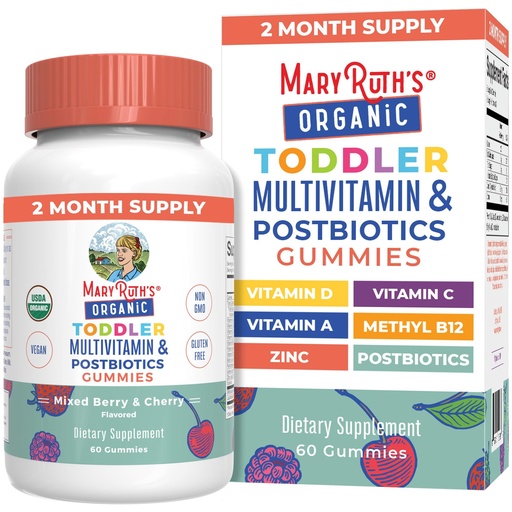 [BRSRMAQDCMJROHTJ] MARYRUTH'S Organics Toddler Multivitamin Gummies + Postbiotics | USDA Organic | Vitamins for Kids Ages 2+ | Immune Support | Vitamin C | Vitamin D3 | Vitamin A | Zinc | Vegan | Non-GMO | 60 Servings
