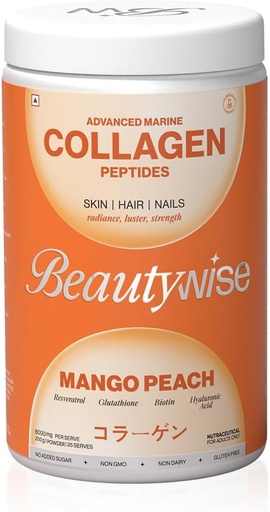 [BRSRMAQRDJ6RQ23Z] Beautywise Advanced Marine Collagen Proteins Powder with Hyaluronic Acid, Glutathione & Biotin | No Smell & Easy to Mix with No Added Sugar 250G(Mango-Peach Pack of 1)