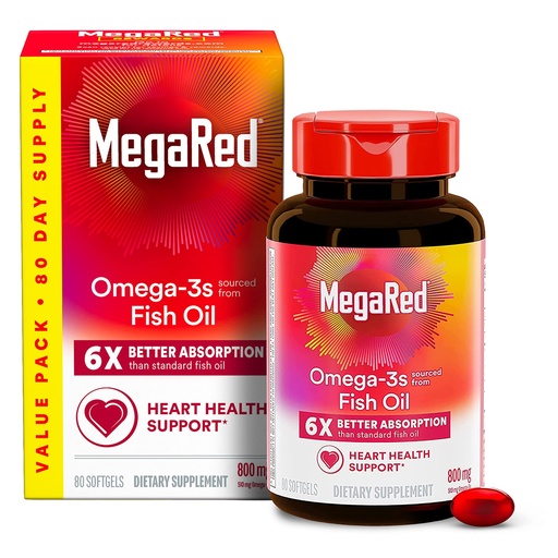 [BRSWECQOOJ4AACAZ] MegaRed Advanced 6X Absorption 800mg Omega-3s Fish Oil with EPA/DHA, No Fishy Aftertaste Supports Heart, Brain, Joint and Eye Health, 80 Count Softgels