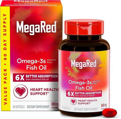 [BRSWECQOOJ4AACAZ] MegaRed Advanced 6X Absorption Softgels - Omega-3 Fish Oil Supplement 800mg (80 Count in A Box), EPA, DHA, Fish Oil, Supports Heart Brain Joints & Eyes
